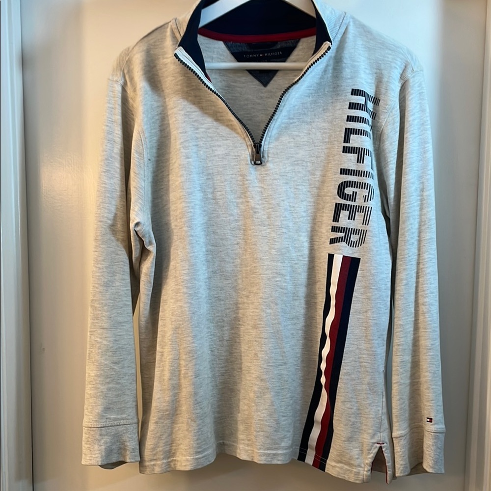 Tommy Hilfiger Light Gray Quarter-Zip with Navy and Red Accents